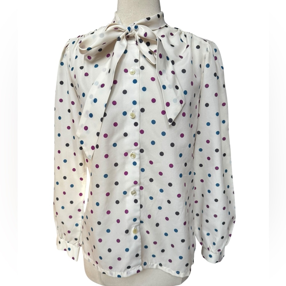 1970s Lady Holiday Multi-Color Polka Dot Neck Tie‎ Poly Front-Button Down Blouse